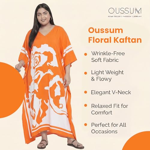 Image of Oussum Women Plus Size Dresses Kimono Caftan Maxi Dress Floral Polyester Long Mumu House Beach Cover Up 1X-3X Summer Wear