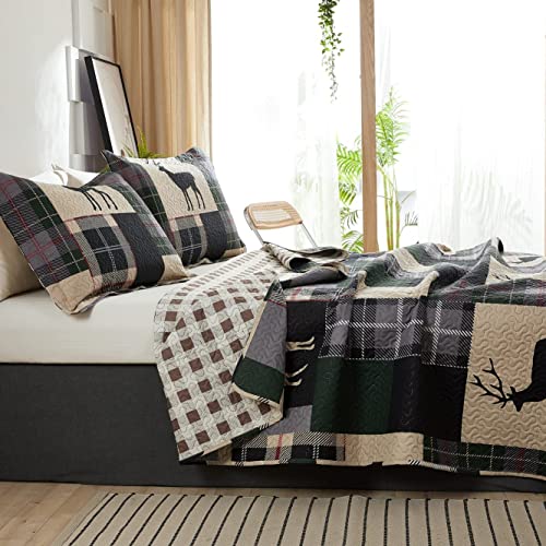 Tigona Reversible Rustic Quilt Sets King Size Moose Bear Bedding Set Microfiber Bedspread Classic Plaid Lodge Coverlet Cabin Bed Cover Decor, 1 Quilt & 2 Pillow Shams #TOP3