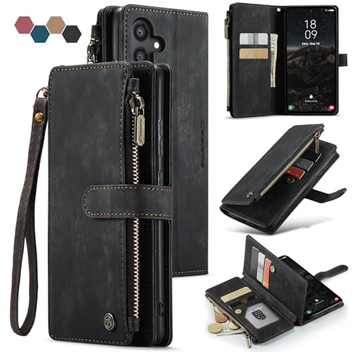 Samsung Galaxy S24 5G Wallet Case with Card Holder Kickstand Magnetic Zipper Pocket Lanyard Strap Wristlet,Leather Flip Case Wallet for Samsung Galaxy S24 5G 6.2 Inch (Black)