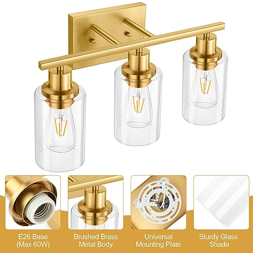 Image of Gold Bathroom Wall Lights Brushed Brass 3-Light Vanity Light Fixtures Modern Wall Sconces with Clear Glass Shade, Bathroom Wall Lamp for Mirror Kitchen Bedroom Hallway Cabinet Porch