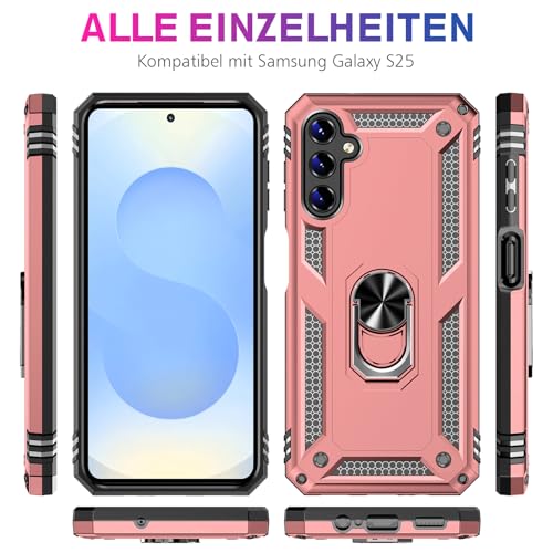 Image of Heavy Duty Case for Samsung Galaxy S25 Phone Case with Screen Protector, Military Grade Shockproof Rugged Protective Cover for Samsung S25, with Metal Ring Magnetic Kickstand (Pink)