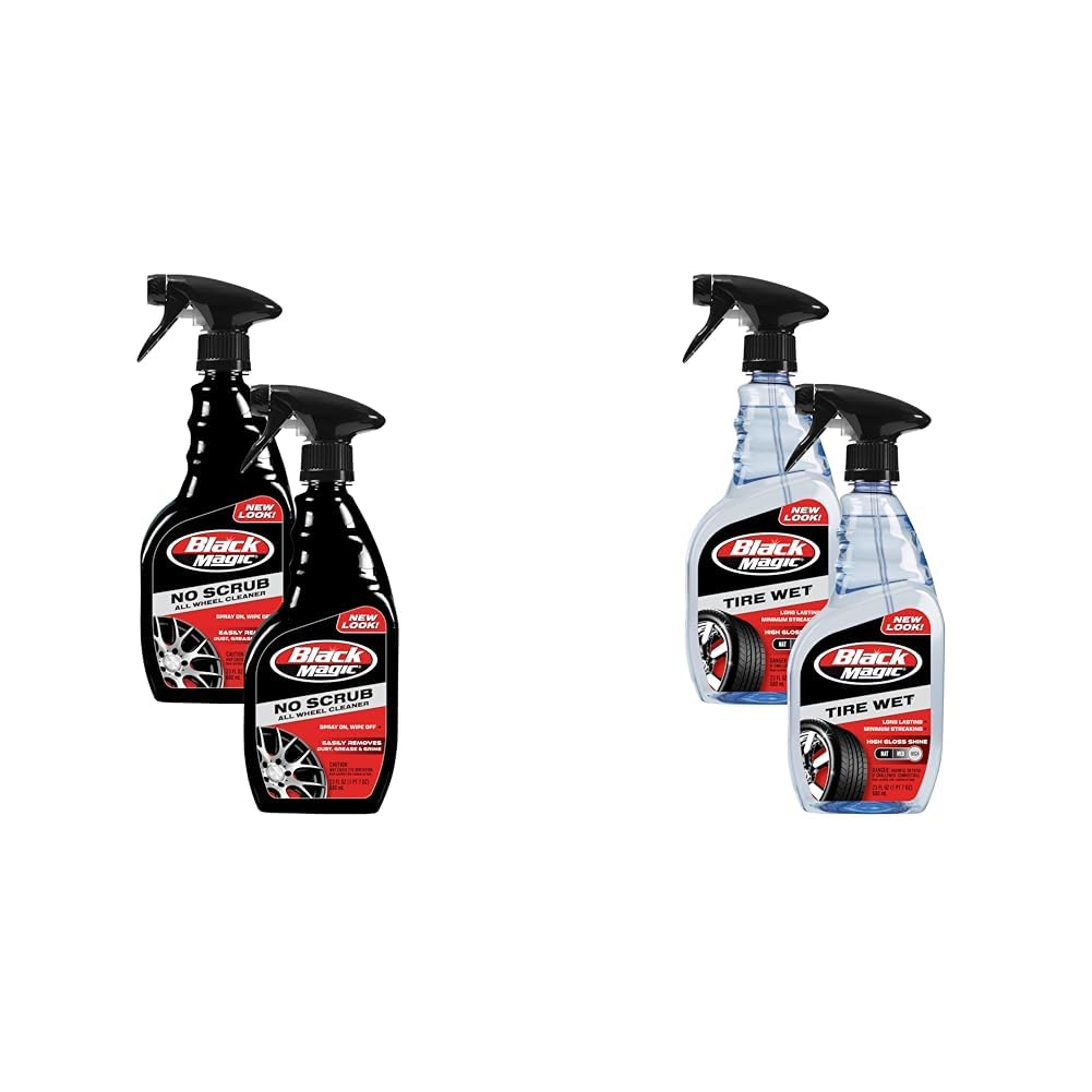 Black Magic No Scrub All Wheel Cleaner (23 oz, Pack of 2) &amp; Tire Wet Spray (23 oz, Pack of 2) - Complete Wheel Care Bundle for Clean Wheels and Glossy Tires