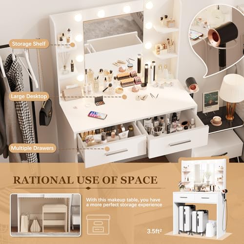 Image of Furmax Make up Vanity Desk with Mirror and Power Outlet, Vanity with 3 Color Light Options Adjustable Brightness,Vanity Desk with 2 Drawers, 6 Storage Shelves (White, No Bench)