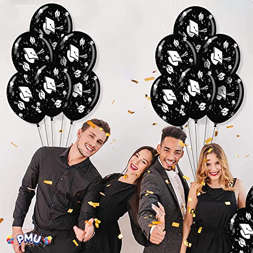 Pmu Graduation Balloons Party Tex 11 Inch Premium Black With All-Over Print White Grad Caps-Confetti And Streamers Pkg/25 #TOP1