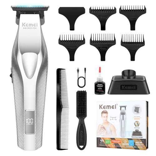 KEMEI Inalámbrico Maquina de Cortar Pelo Hombre, Cortadora de Pelo Profesional, Recortadoras de Barba Eléctricas, Motor de 9000 RPM, Trimmer de Hoja en T con Espacio Cero y 5 Peines Guía