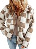 SHEWIN Coats For Women Causal Lightweight Plaid Fall Jackets Loose Button Down Sherpa Womens Jacket Fall Outfits 2025 Pale Khaki X-Large