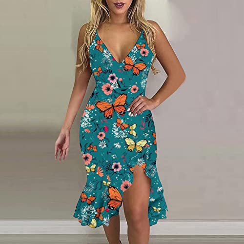 Midi Dresses For Women 2023 Elegant Sexy Side Slit Pencil Dress Fashion Floral Print V-Neck Summercasual Dress,Ladies Date Night Evening Party Prom Banquet Formal Y2K Clothing(D-Sky Blue,X-Large) #TOP1