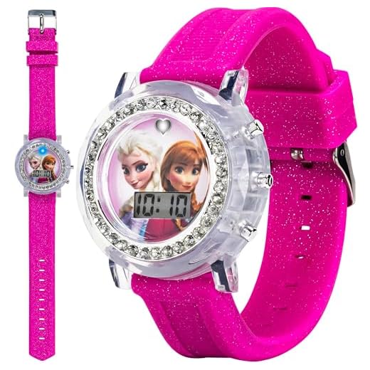 Disney Kids' FZN3580 Frozen Anna and Elsa Flashing-Dial Watch with Glitter Pink Rubber Band