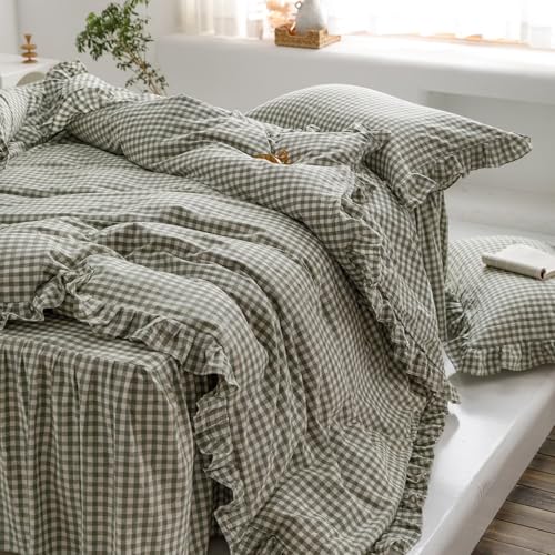 Image of mixinni Green Ruffle Duvet Cover King Size 3 Pieces - 100% Washed Cotton, Vintage Plaid Ruffled Bedding Set with Zipper Ties, Soft Checkered Grid Farmhouse Chic Comforter Cover Set