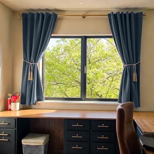 Image of Blackout Dark Slate Velvet Curtains Rod Pocket 52x63 Inch 2 Panels | Soft Velvet, For Small Windows, Kitchens & Bathrooms, Light Shifting Texture, Elegant Drape, Serene, Fresh