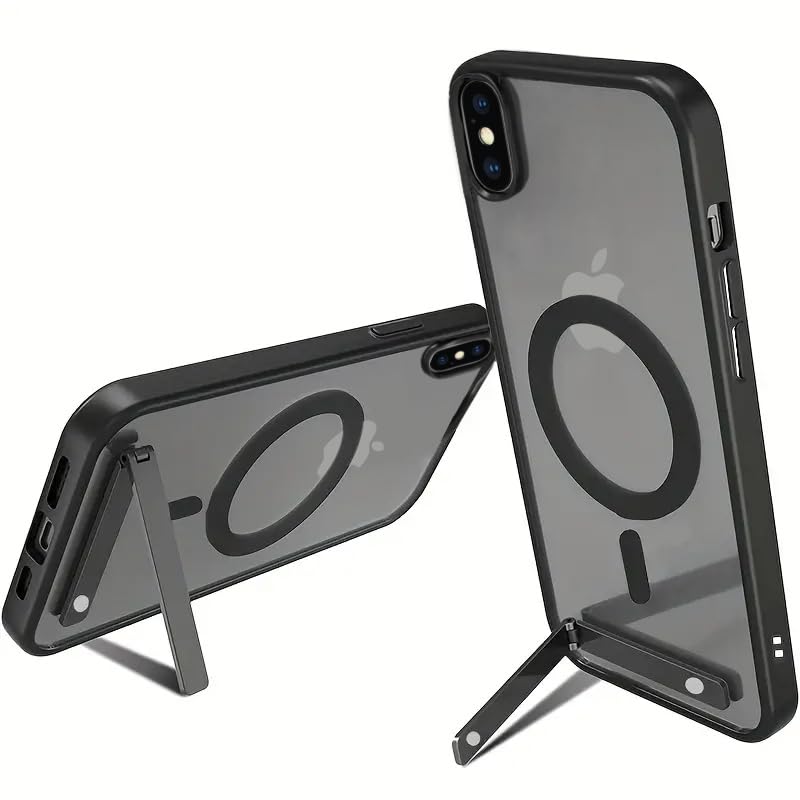 Magnetic Stand iPhone X & XS Mag-Safe Case 5.8-Inch Black Clear Transparent with Metal Stand Shock Absorption Bumper Slim Protective Cover to Protect Compatible for MAG-SAFE Charging iPhone X & XS