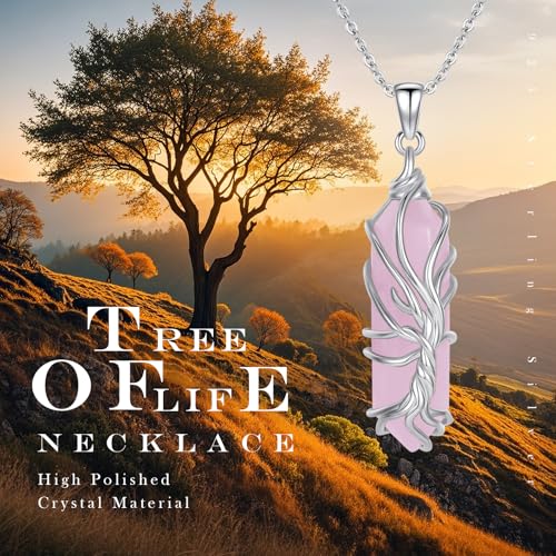 Healing Crystal Necklace for Women 925 Sterling Silver Tree of Life Rose Quartz Pendant Pink Crystal Necklace Jewelry Gifts for Women3