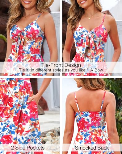 Image of Kranda Women 2026 Summer Sundress High Waist Tie Front Spaghetti Strap Long Beach Floral Tiered Maxi Dress with Pockets