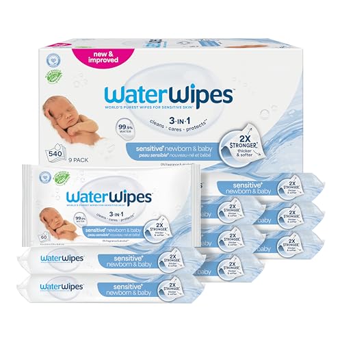WaterWipes Sensitive+ Newborn & Baby Wipes, 3-In-1 Cleans, Cares, Protects, 99.9% Water, Unscented & Hypoallergenic, 540 Count (9 Packs)