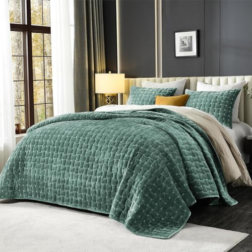 Image of Grassix Velvet Quilt Set King Size, Luxury Geometric Design, Aqua Green