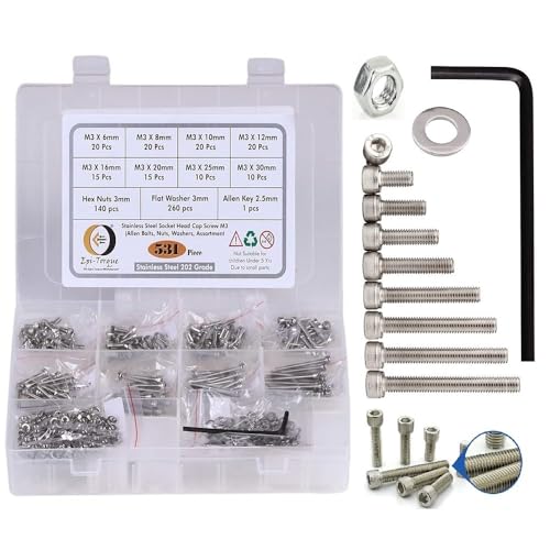 Image of Metric M3 Stainless Alloy Steel 202 Grade Socket Head Cap Screws Nuts Allen Bolt Washer with Allen Keys Assortment Kit Set with Storage Box Pack of 531 Pcs.