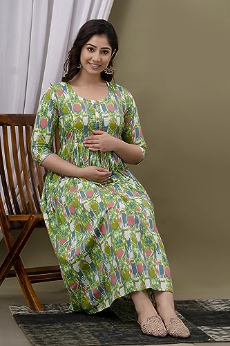 Image of Maternity Feeding Kurti for Women | Cotton Blend Anarkali Dress with Nursing Zip for Pre & Post Pregnancy