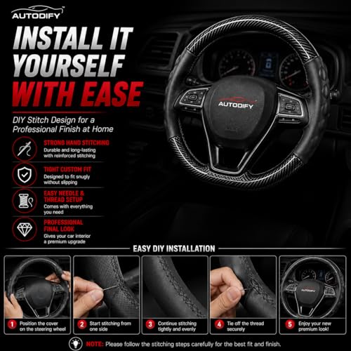 Image of Stitchable Carbon Fiber Steering Wheel Cover with Leather Protection | Universal Fit, Anti-Slip, Breathable, Comfortable Grip, Durable & Stylish for Cars | Easy Install with Black Stich