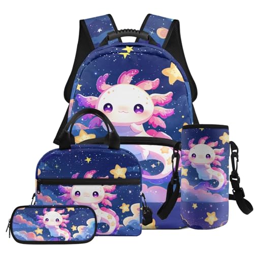 Gomyblomy Galaxy Axolotl Backpack for Girls 6-8 8-10 Kids School Bag with Lunch Bag Pencil Case Water Bottle Sleeve 4 in1 Set for Elementary Kindergarten 17 Inch Girls Bookbag with Compartment