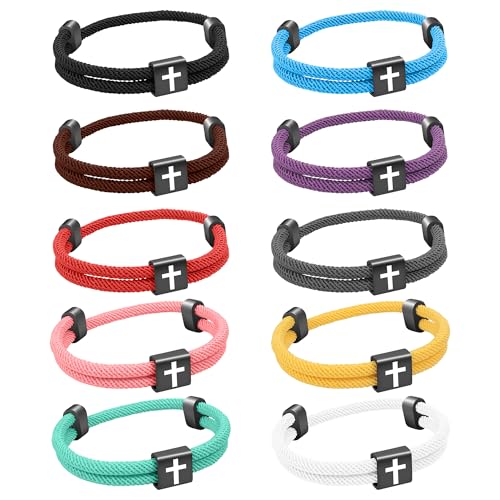 10PCS Christian Jesus Cross Rope Bracelet, Braided Cord Bracelet for Men Women, Nautical Surf Beach Bracelets Gifts Set for Sports, Handmade Woven String Bracelets with Adjustable Knot