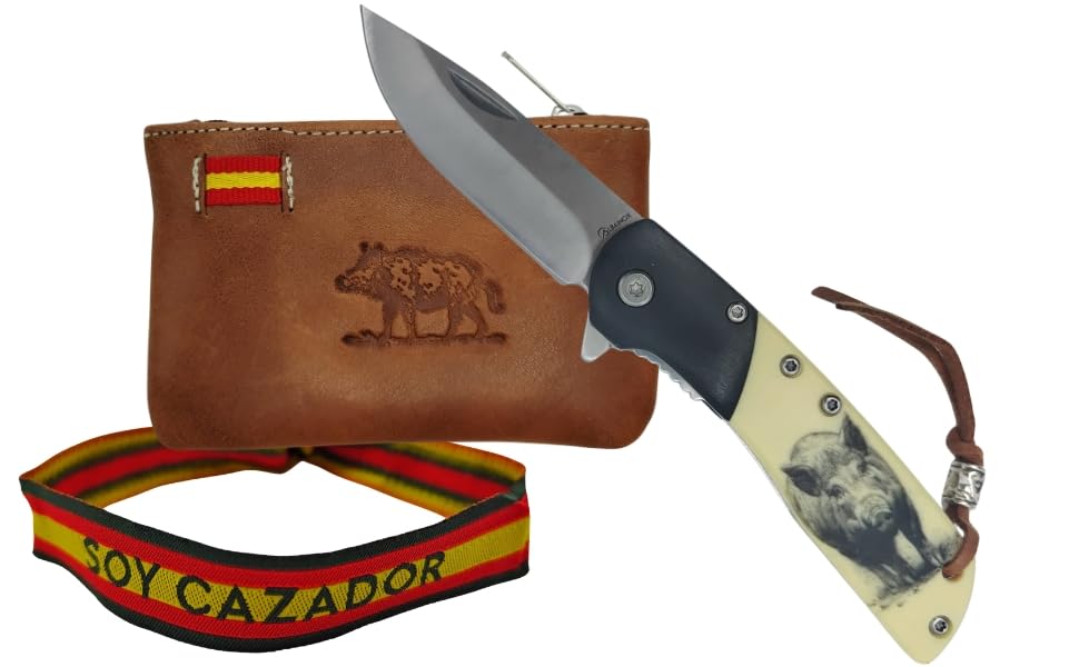 TORO SURVIVAL Pack Navaja Diseño Jabalí 16,2 cm 3Cr13MoV Liner Lock sin sierra + monedero de piel 10,5×7 cm con Grabado de Jabalí + Pulsera Bordada “Soy Cazador” (Jabalí ABS Negra)