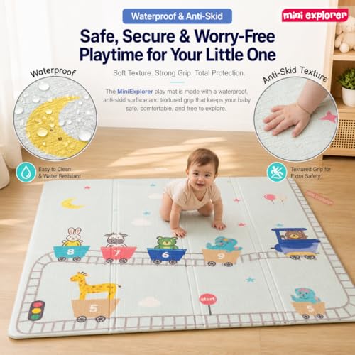 Image of MiniExplorer Double-Sided Waterproof Baby Floor Mat | Extra Large 6.5 x 4.5 ft | 8mm Thick Foam Play Mat | BPA Free, Foldable, Reversible Crawling & Tummy Time Mat for Babies & Kids - Sea & Giraffe