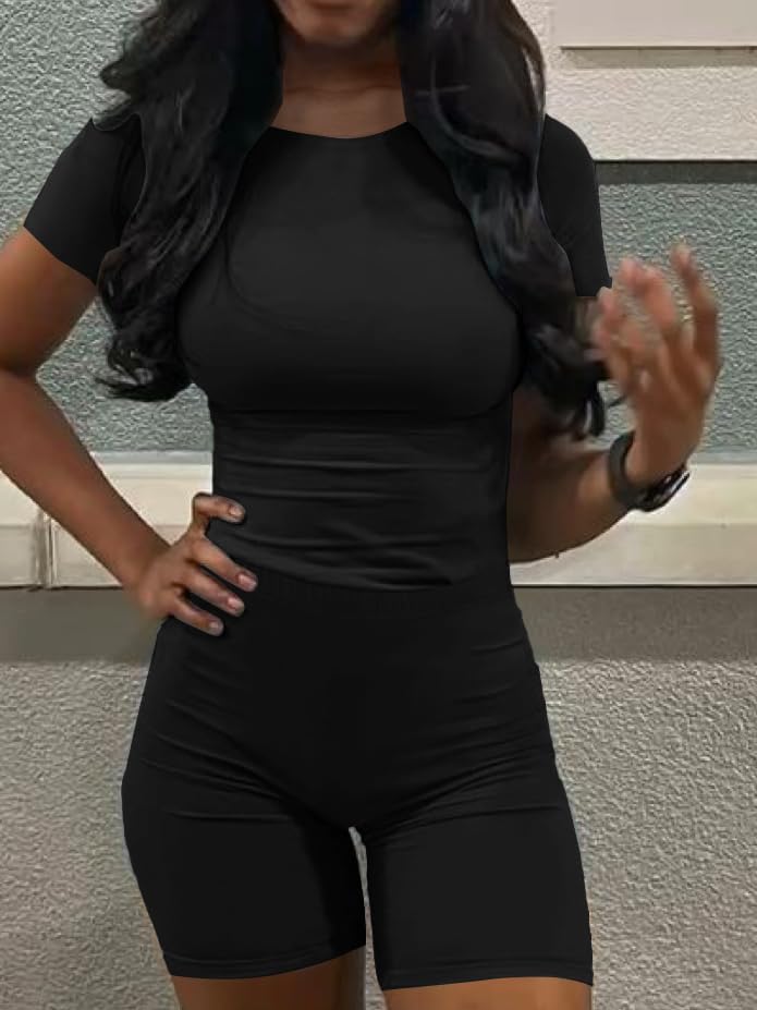 Lounge Wear Casual 2 Piece Outfits Sets for Women Skinny Crew Neck T-shirt High Waist Leggings Shorts Workout Set - Image 3