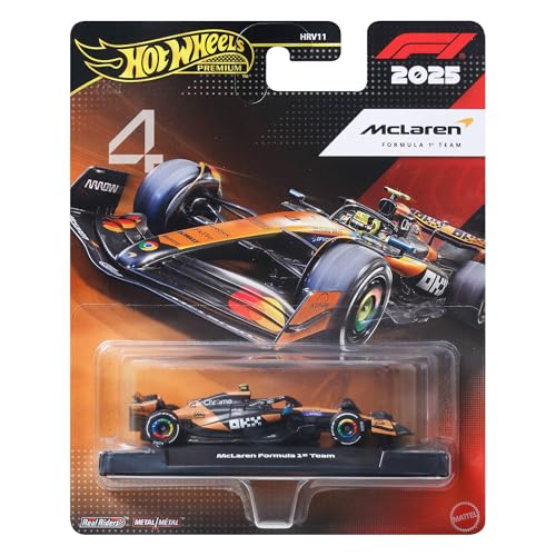 Hot Wheels McLaren Formel 1 Premium Die-Cast-Spielzeugauto im Maßstab 1:64 Sammelspielzeug-Rennauto mit Real Riders-Reifen sowie Metall/Metall-Karosserie und -Fahrgestell JKD88
