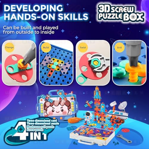 Image of Wembley 4 in 1 Toy Drill Screw Tool Set for Kids 3 4 5 6 7+ 3D Puzzle Box STEM Learning DIY Building Block Kit Creativity Educational Construction Promotes Motor Skills - Space Theme