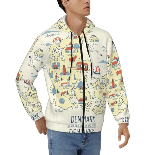 Sweat à capuche thermique homme avec carte du Danemark veste sport ample zippée