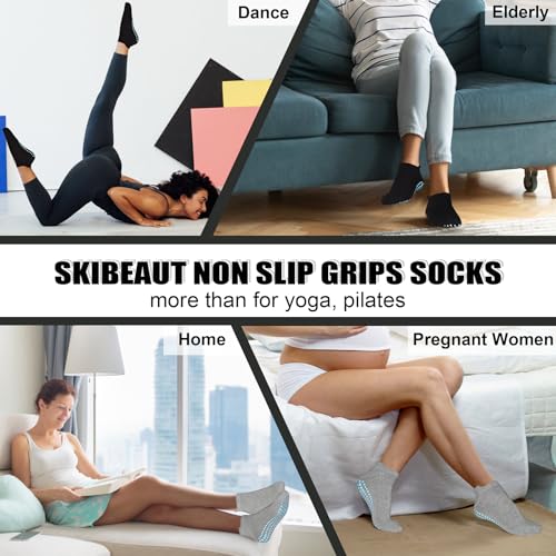 Image of SkiBeaut Grips Non Slip Socks for Women, 4 Pairs Yoga Pilates Anti Skid Woman Hospital Gripper Socks (5-12)