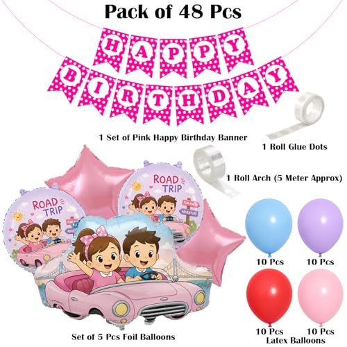 Image of Rozi Decoration Road Trip Theme Birthday Decoration Kit for Kids, Pink Car Party Decoration Set with Happy Birthday Banner, Foil & Latex Balloons for Girls Birthday Party Supplies, Pack of 48