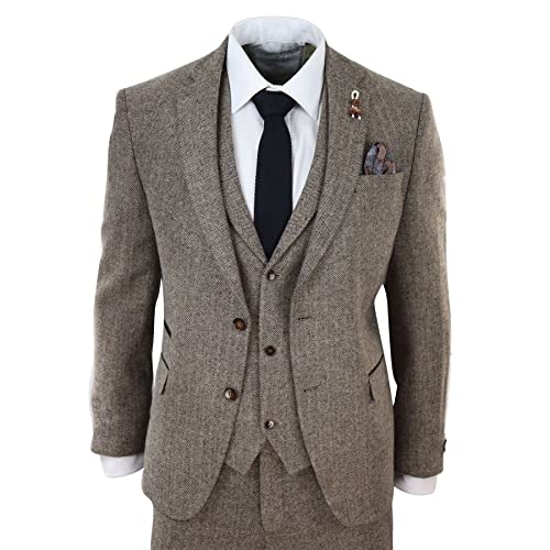 Mens Oak 3 Piece Tweed Suit Herringbone Wool Vintage Retro Fit4
