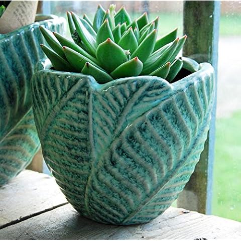 Bluebell Yard Retro style green leaf ceramic plant pot Cover