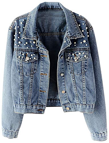 QZUnique Women Plus Size Embroidered Pearl Denim Jacket Jean Coat US S