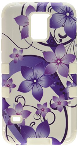 Asmyna TUFF Hybrid Phone Protector Cover for Samsung Galaxy S5 - Retail Packaging - Purple Hibiscus Flower Romance /White