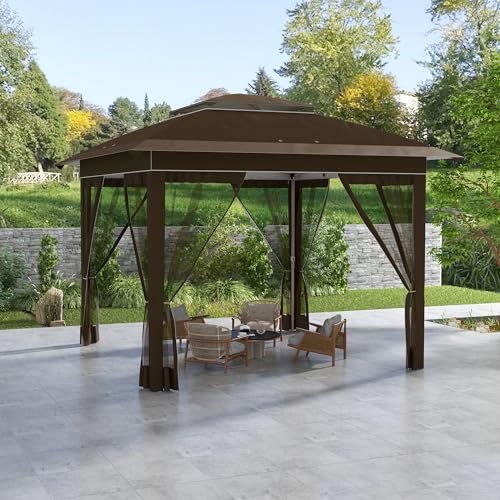 Outsunny 12' x 12' Pop Up Canopy Tent with Netting and Carry Bag, Instant Sun Shelter with 137 sq.ft Shade, Tents for Parties, Height Adjustable, for Outdoor, Garden, Patio, Dark Brown - Image 2