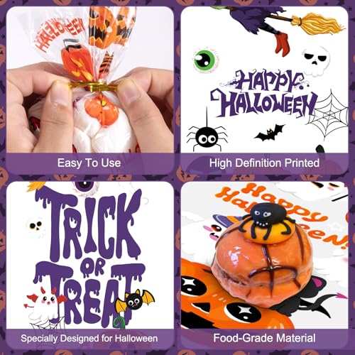 100 Pcs Happy Halloween Cellophane Treat Bags, Trick or Treat Candy Bag, Plastic Pumpkin Ghost Cookie Snack Goodie Goody Bags with Twist Ties for Halloween Gifts Wrap Party Decorations Supplies Favors - image 5