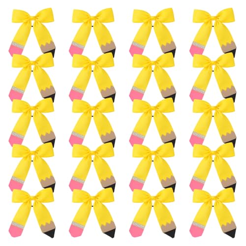 20PCS Hair Bows Ties Cheer Hair Bow with Ponytail Holder Elastic Band Handmade for Kindergarten Women Hair Accessories OutfitsPencil Yellow