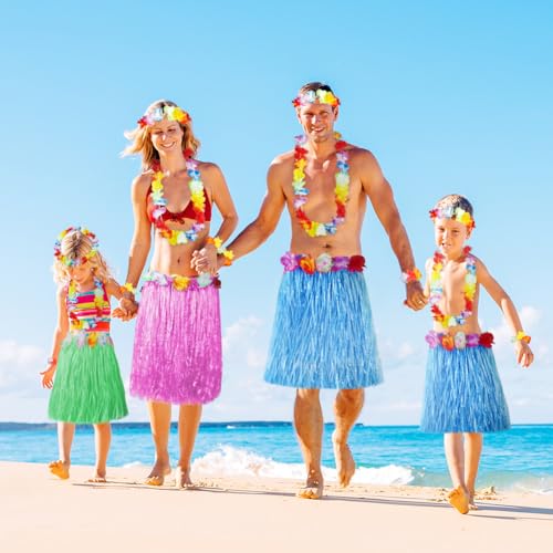 Aomig Hawaii Mottoparty Kostüme Set Rock, Hawaiian Gras Hula Rock Sets, 60cm Lange Hawaiianischer Grasrock mit Halskette Armbänder Haarblume Grasröcke für Cheerleading Strand Party Ostern (Blau)