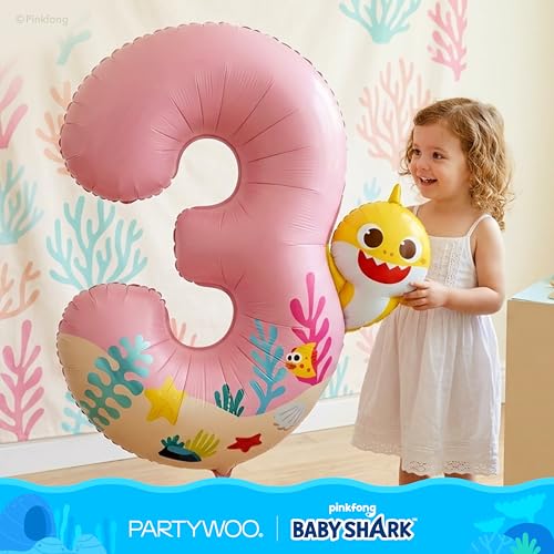 Image of PartyWoo Baby Shark Pink Foil Number 3 Balloon 40 Inch Pink Mylar Helium Birthday Number Balloons for Girls and Boys Baby Shark Under the Sea Ocean Theme Kids Third Birthday Party Decorations