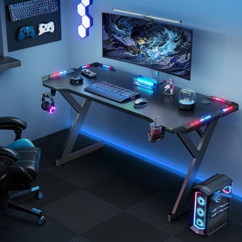 DLONGONE 120 x 60cm Gaming Desk with LED Lights, Computer Gaming Table, Sturdy PC Desk for Home Office, Gamer Table with Headphone Hook and Cup Holder, Black - Image 7