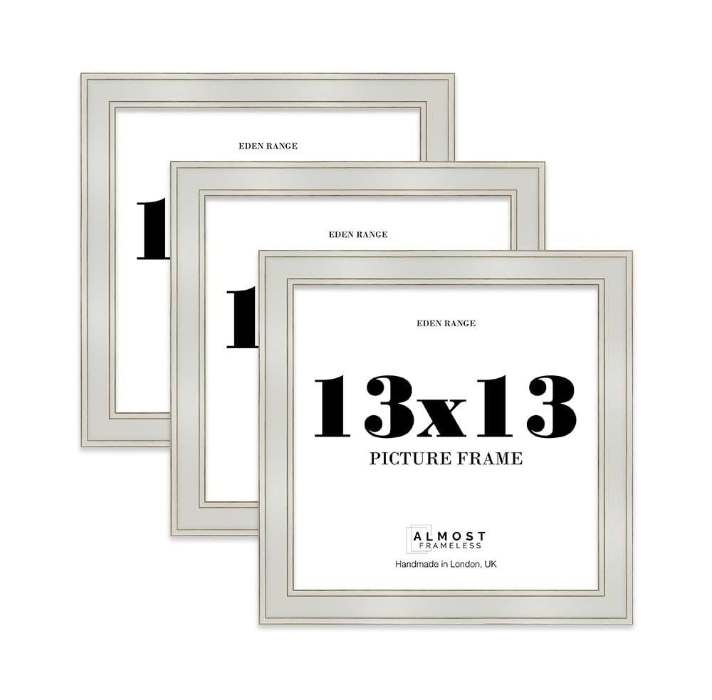 13x13 Light Grey Picture Frame - Shabby Chic Photo Frame with Distressed Finish, Gold Trim, Wall Hooks, 37mm Edge - 3 Pack