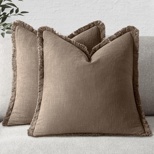 Image of MIULEE Decorative Throw Pillow Covers Neutral Linen Fringe Throw Pillows Set of 2 Cocoa Brown Boho Farmhouse Cushion Covers for Couch Sofa Bed Living Room Fall Home Decor 16x16 Inch