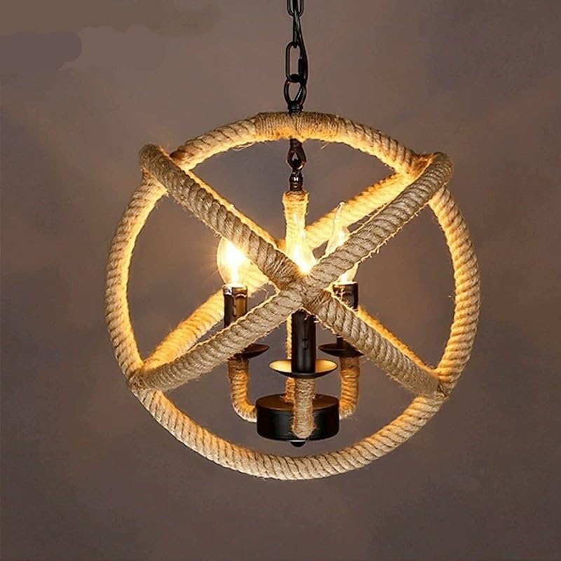 Generico Lampada a sospensione rustica in stile industriale a V for ristorante, tavolo da, caffetteria, illuminazione a sfera in corda di canapa intrecciata,Plafoniere da soffitto