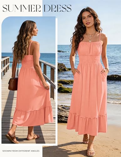 Image of GRACE KARIN Women's Summer Maxi Dress 2026,Smocked Ruched Bust Sundress with Adjustable Straps & Pockets-Beach Vacation Dress