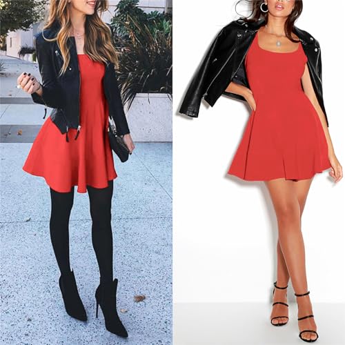 Image of FANCYINN Women's Short V-Back Dress U-Neck Inslace Hem Wide Straps Tank Mini Skater Cocktail Dresses