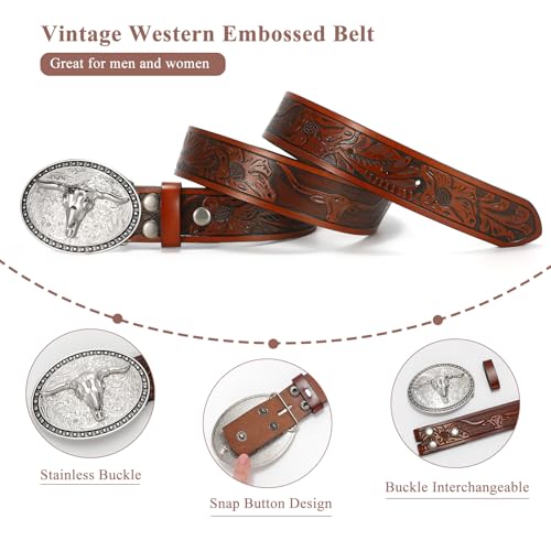 Image of VONMELLI Western Belt for Men Women, Embossed Leather with Bull Buckle