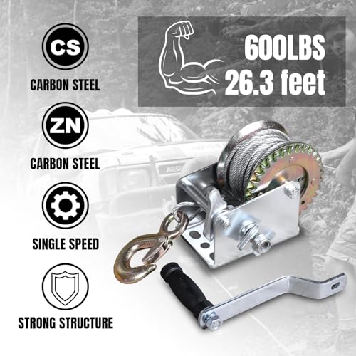 Image of Big RED ATRT1061CRR Torin Manual Hand Crank Winch: 26.3ft Steel Cable with 600lbs Capacity, Silver