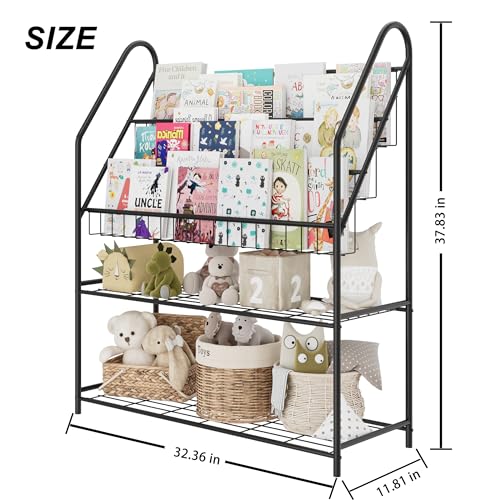 Black Bookcase for Children Metal Kids Bookshelves Modern Minimalist Toy Storage Large Bookshelf for Bookstore Bedroom, Classroom Furniture, Living, Library, Book Display Rack - Image 4
